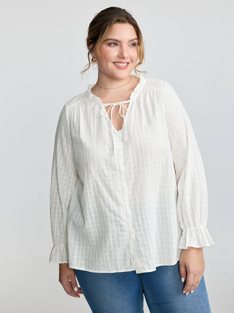 Textured Lantern Sleeve Neck-Tie Blouse