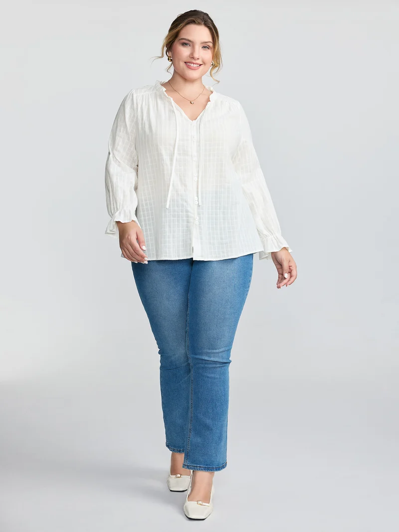 Textured Lantern Sleeve Neck-Tie Blouse