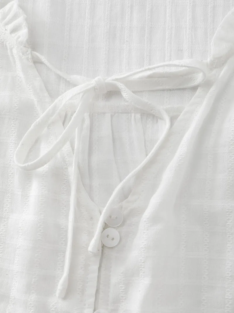 Textured Lantern Sleeve Neck-Tie Blouse