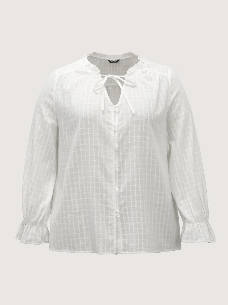 Textured Lantern Sleeve Neck-Tie Blouse