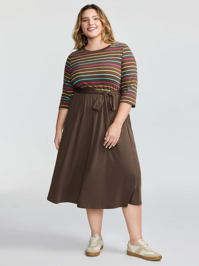 Colorful Stripe Stretchy Waist Midi Dress