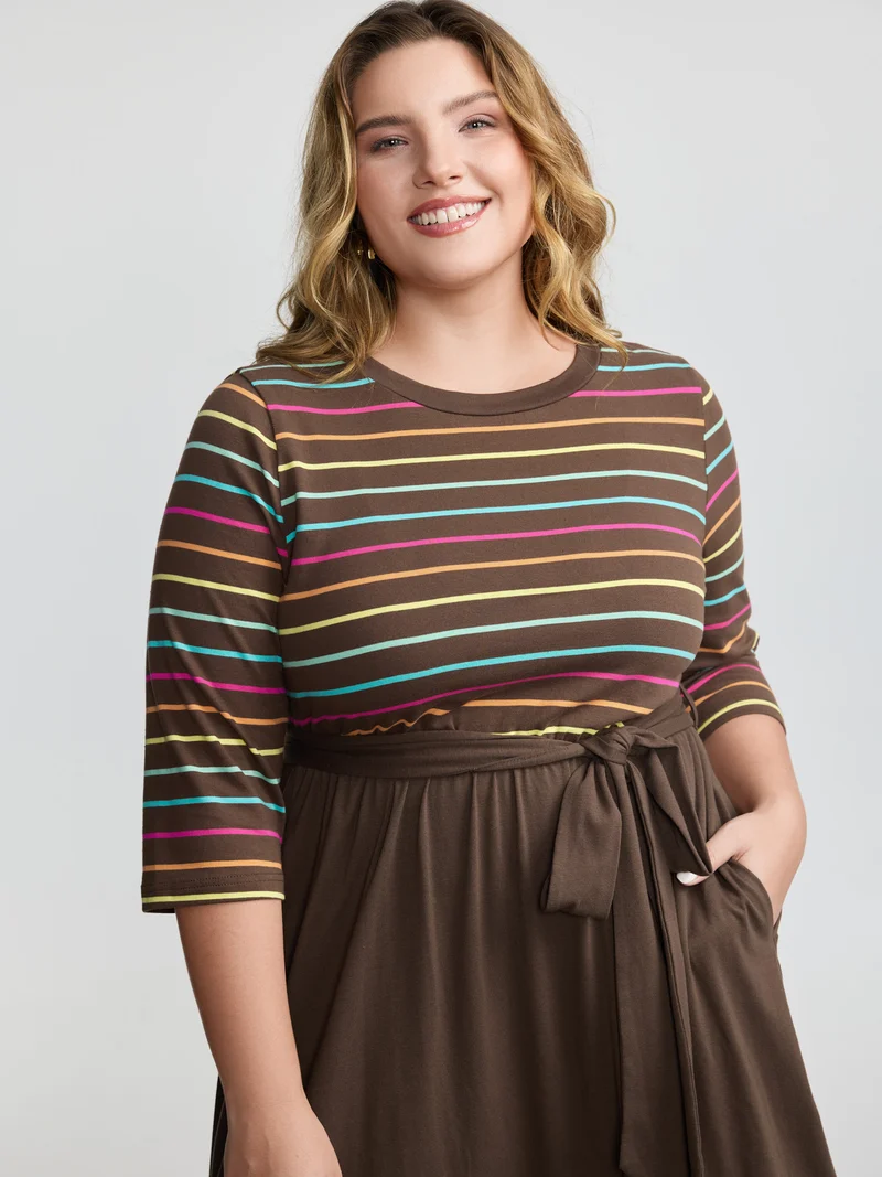 Colorful Stripe Stretchy Waist Midi Dress
