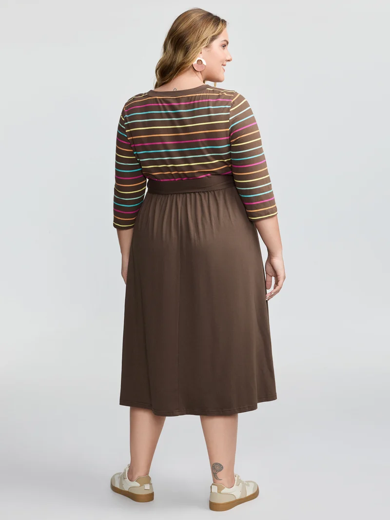 Colorful Stripe Stretchy Waist Midi Dress