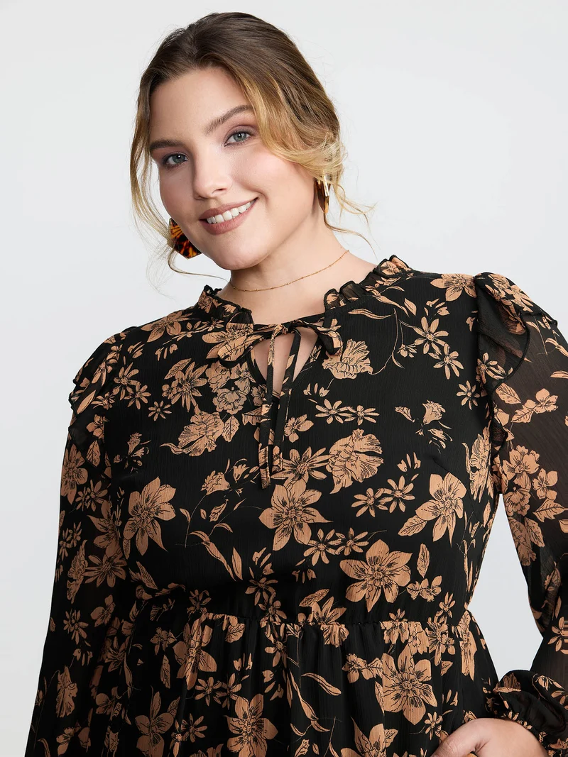 Chiffon Silhouette Flower Ruffled Midi Dress
