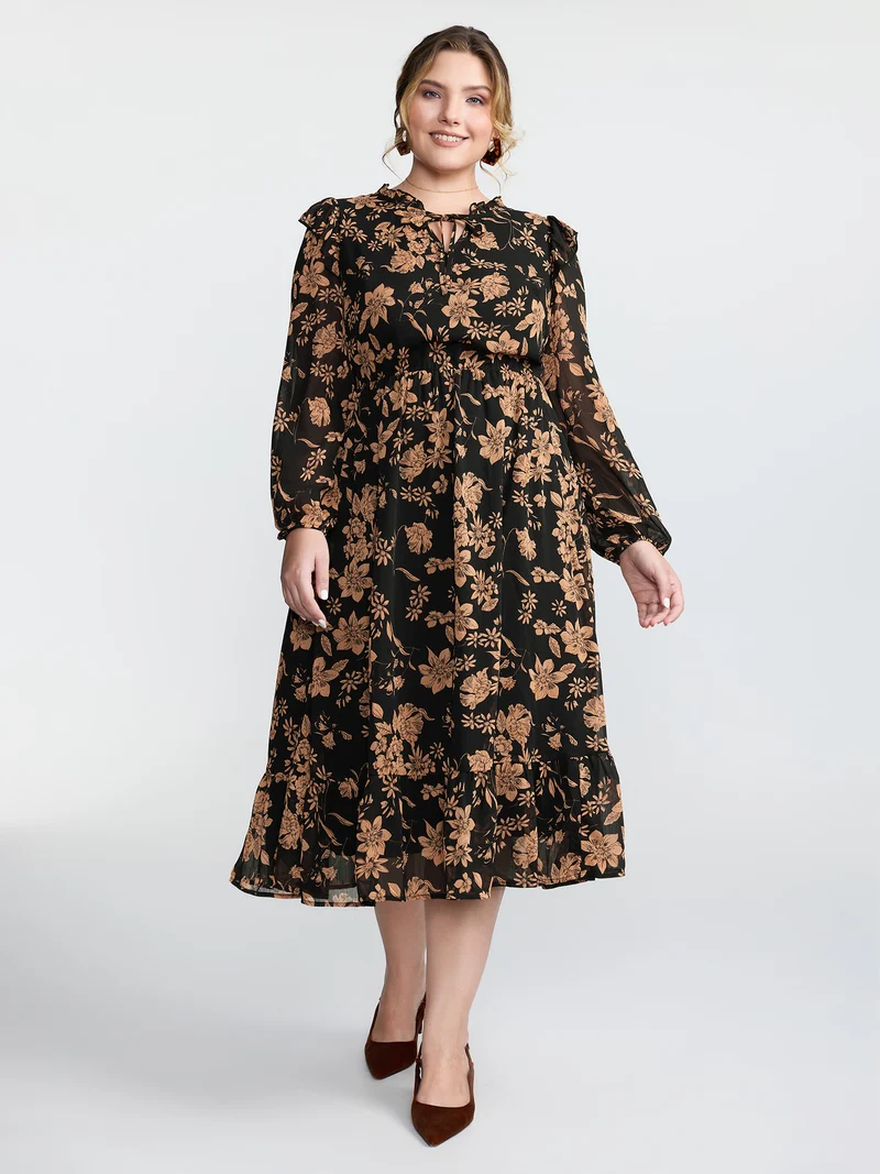 Chiffon Silhouette Flower Ruffled Midi Dress