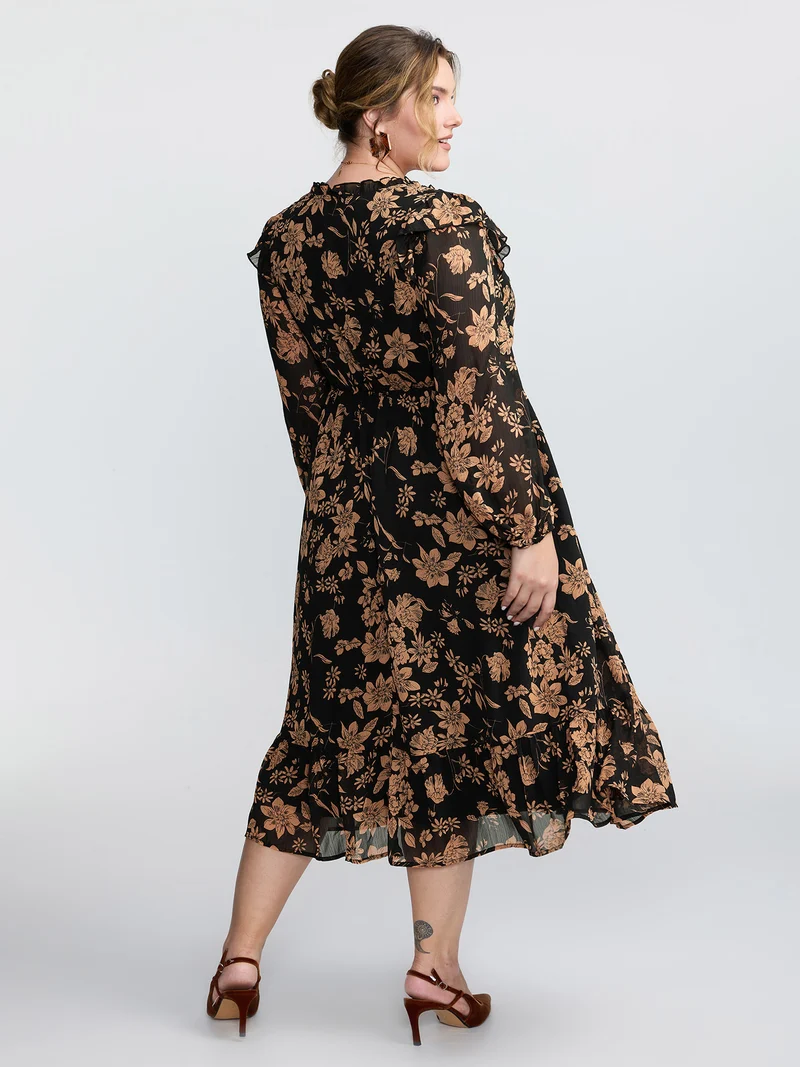 Chiffon Silhouette Flower Ruffled Midi Dress
