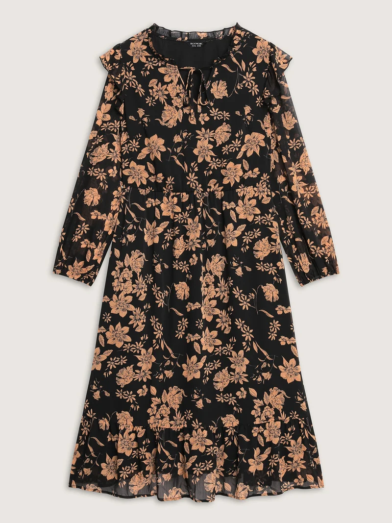 Chiffon Silhouette Flower Ruffled Midi Dress
