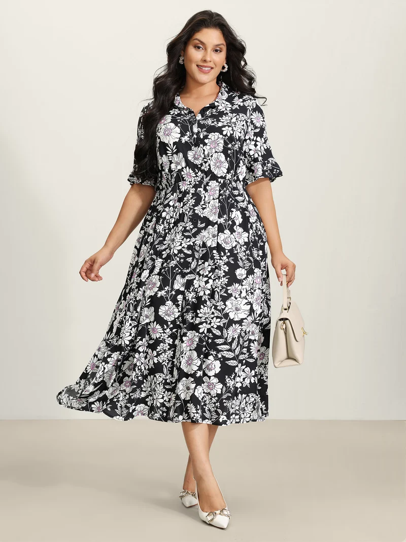 Rayon Floral Print Placket Maxi Dress