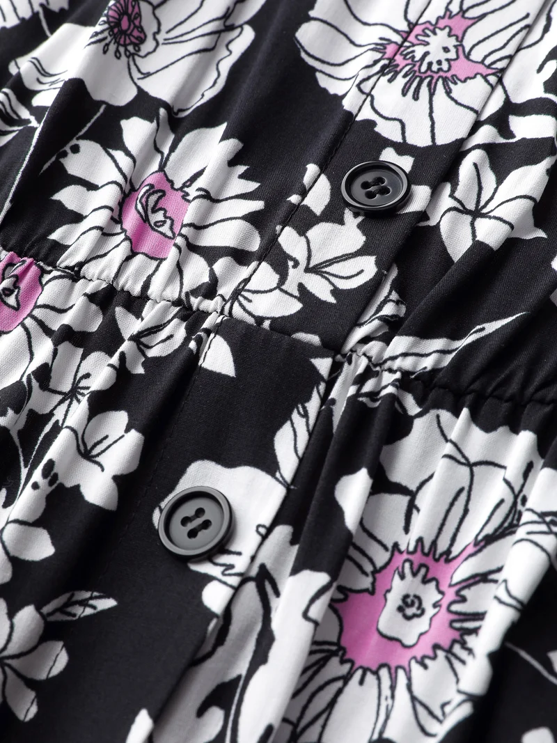 Rayon Floral Print Placket Maxi Dress
