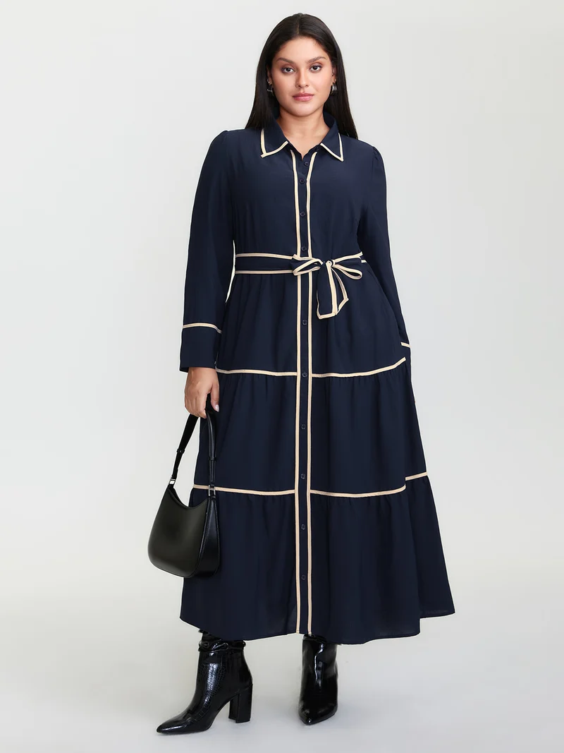 Color Contrast Belted Maxi Shirt Dress