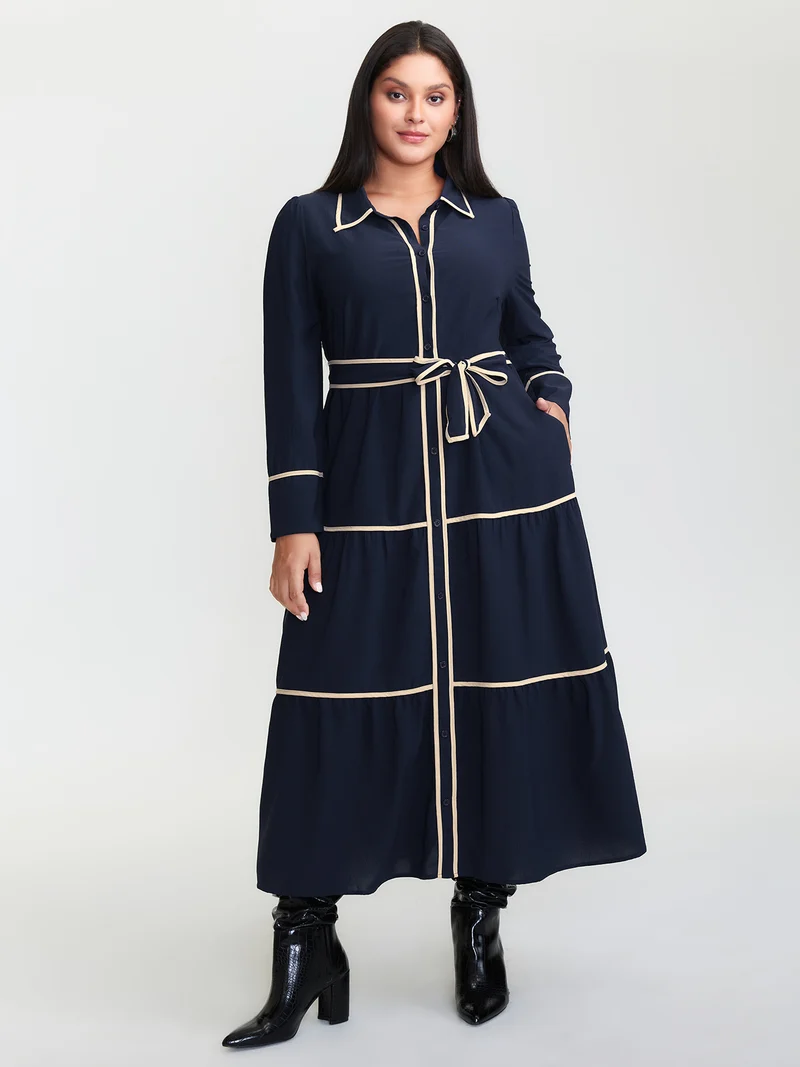 Color Contrast Belted Maxi Shirt Dress
