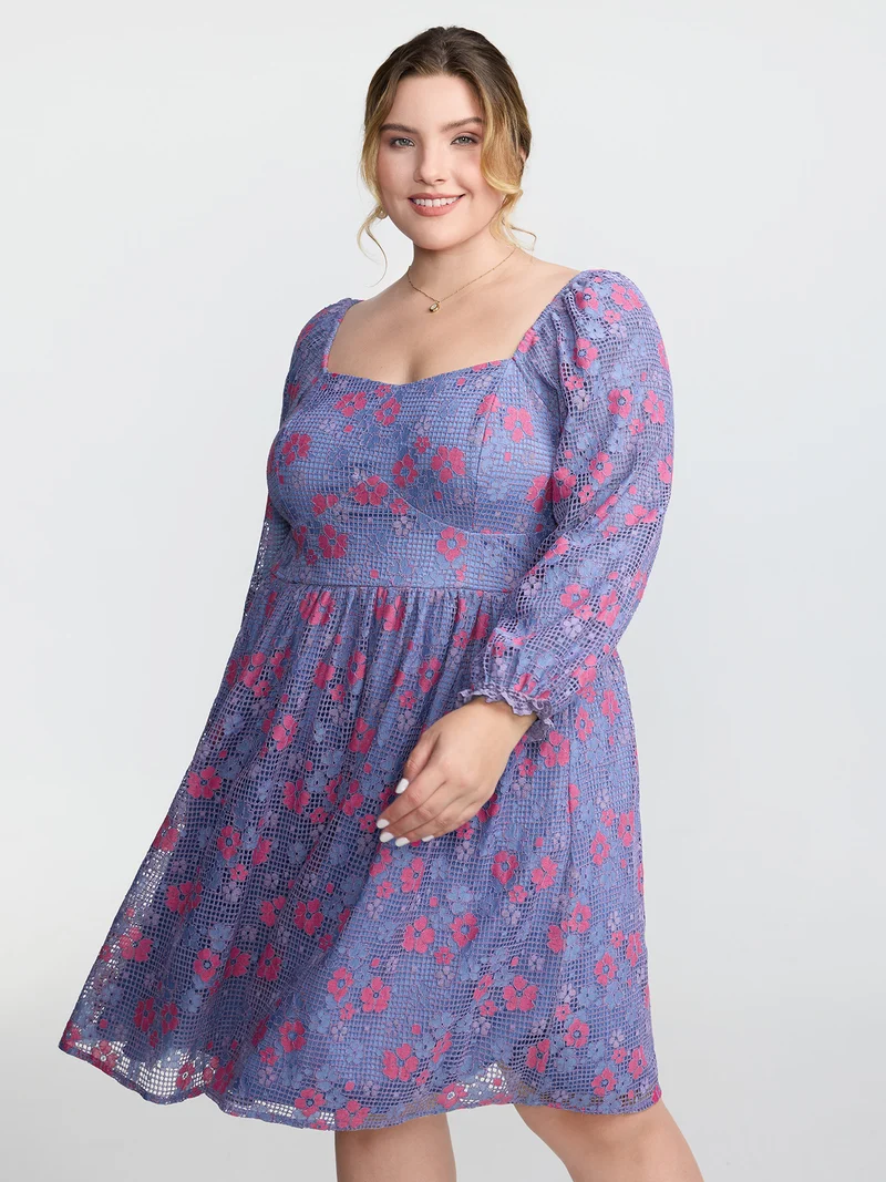 Floral Lace Stretchy Triangular Waist Midi Dress