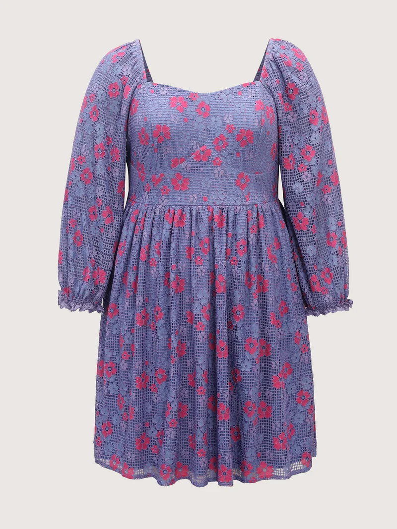 Floral Lace Stretchy Triangular Waist Midi Dress