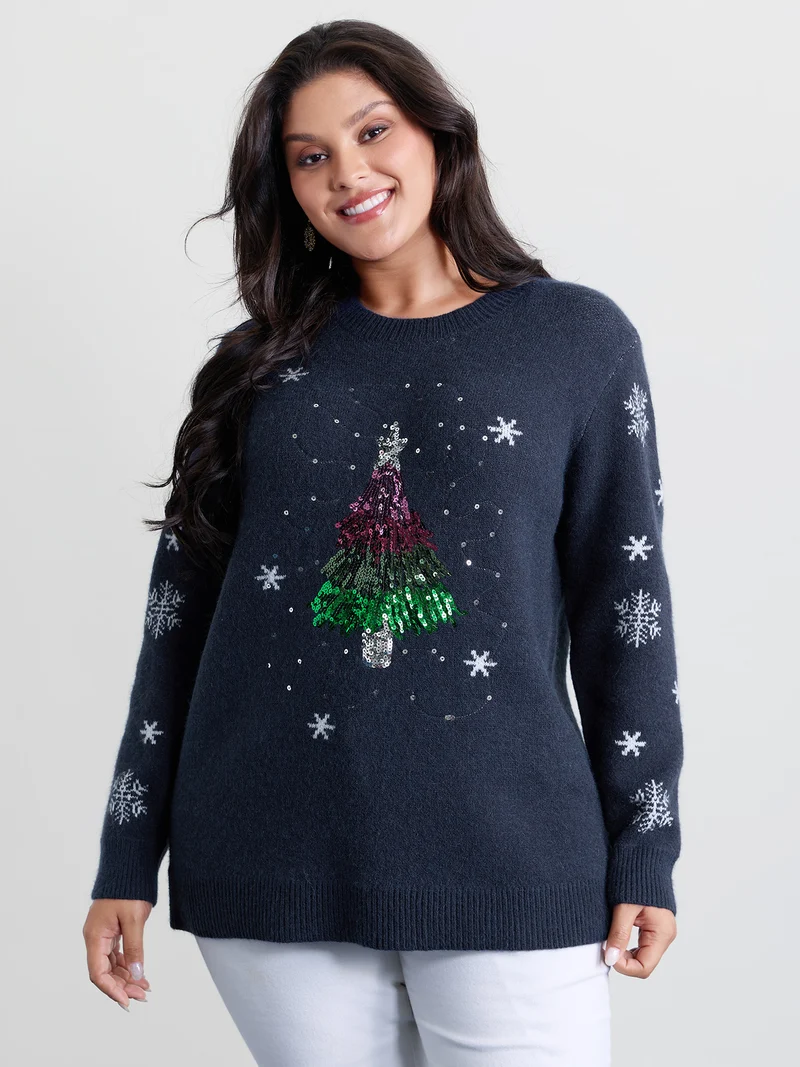 Stretchy Holiday Tree Sequin Embroidery Pullover