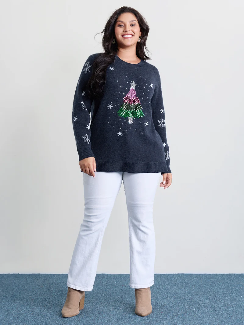 Stretchy Holiday Tree Sequin Embroidery Pullover