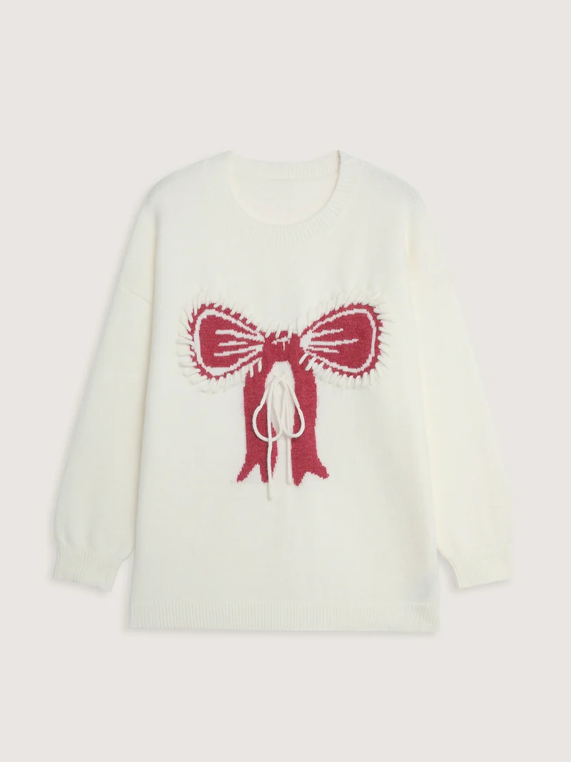Supersoft Jacquard Bow Hand-Threaded Pullover