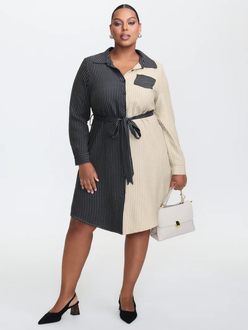Colorblock Belted Waist Midi Shirt Dress
