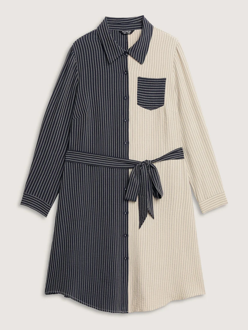 Colorblock Belted Waist Midi Shirt Dress