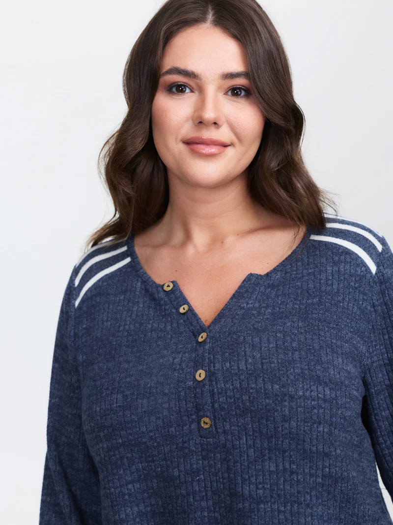 Ribbed Stripe Button Placket T-Shirt