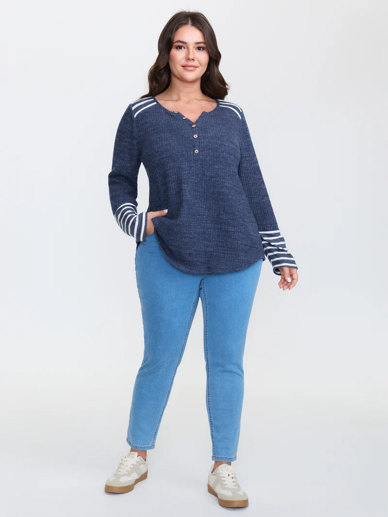 Ribbed Stripe Button Placket T-Shirt
