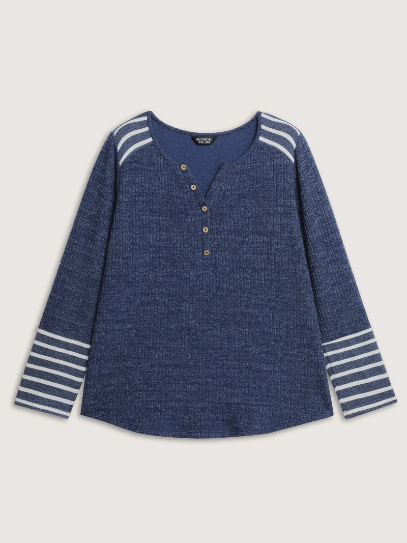 Ribbed Stripe Button Placket T-Shirt