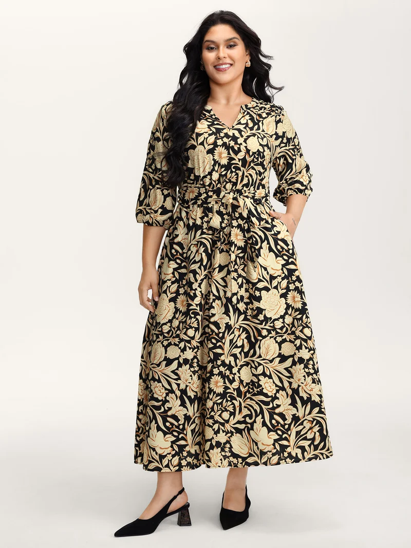 Floral Print Notched Collar Maxi Dress
