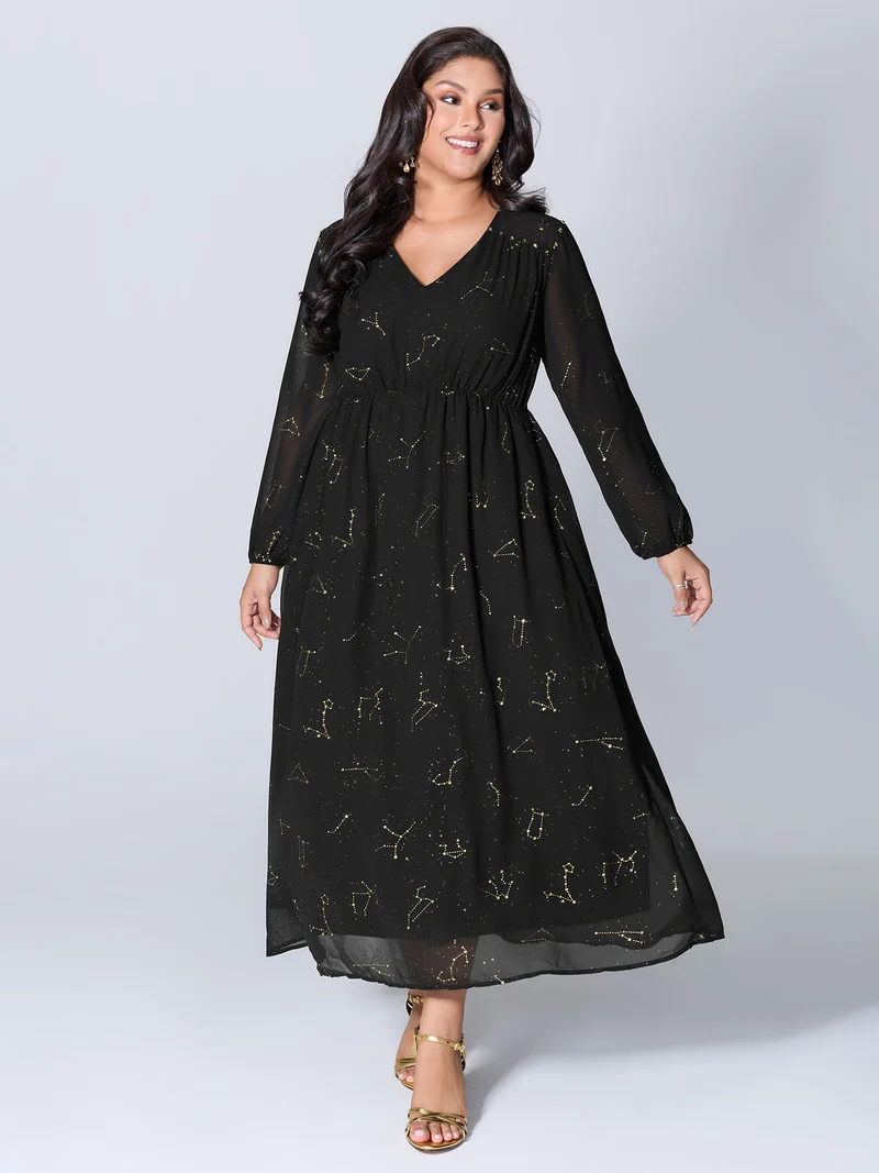 Shimmery Hot Stamped Shirred Pockets Party Dress