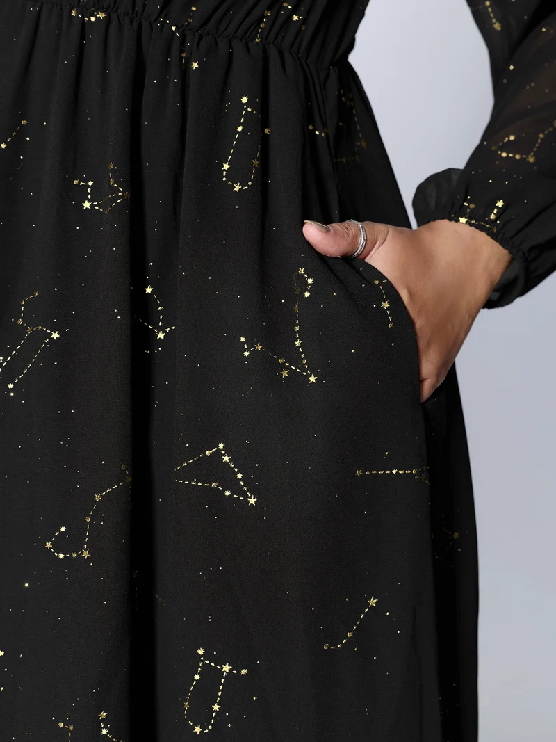 Shimmery Hot Stamped Shirred Pockets Party Dress