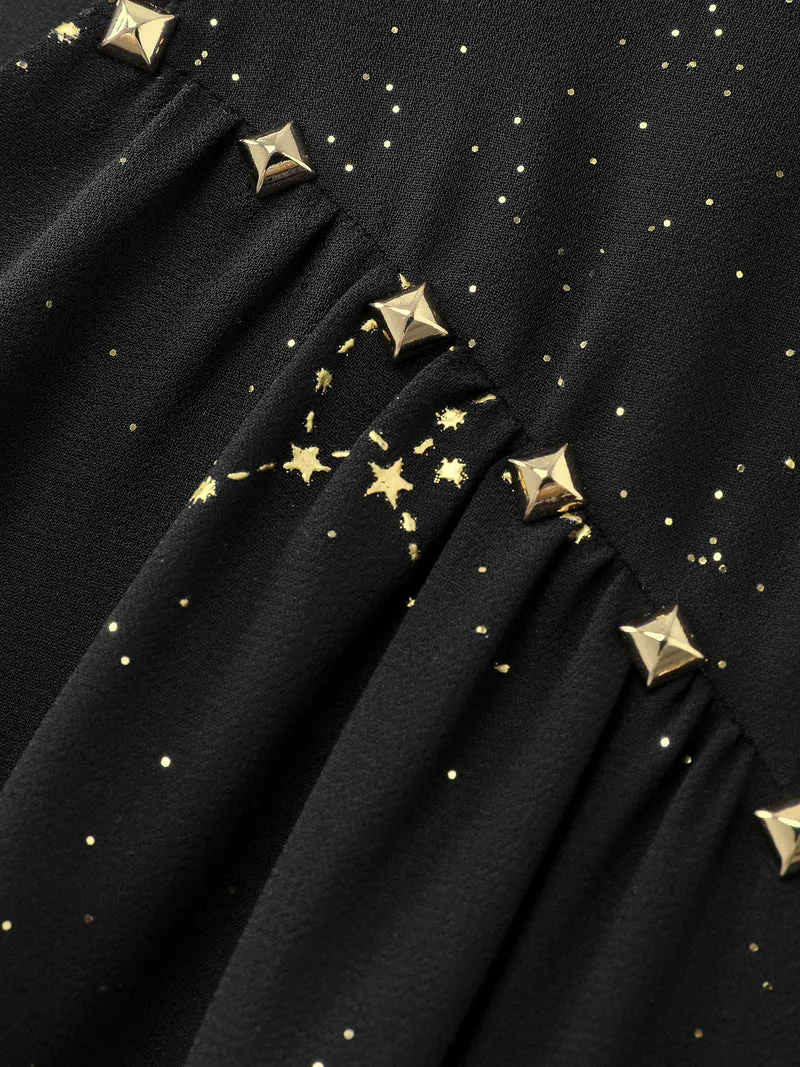 Shimmery Hot Stamped Shirred Pockets Party Dress