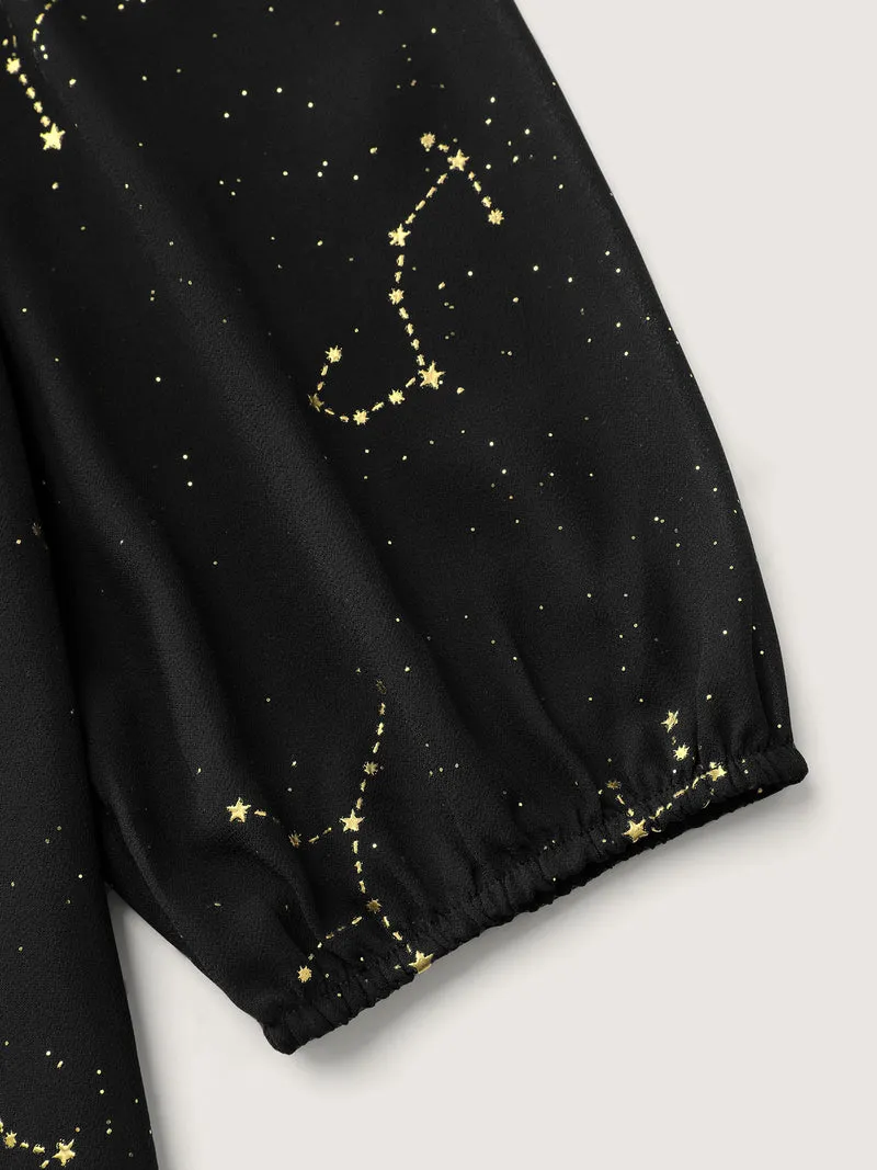 Shimmery Hot Stamped Shirred Pockets Party Dress