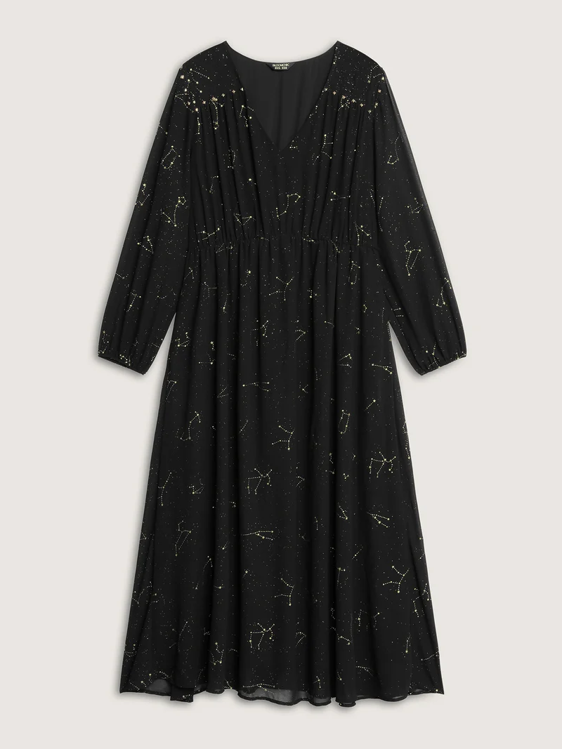 Shimmery Hot Stamped Shirred Pockets Party Dress