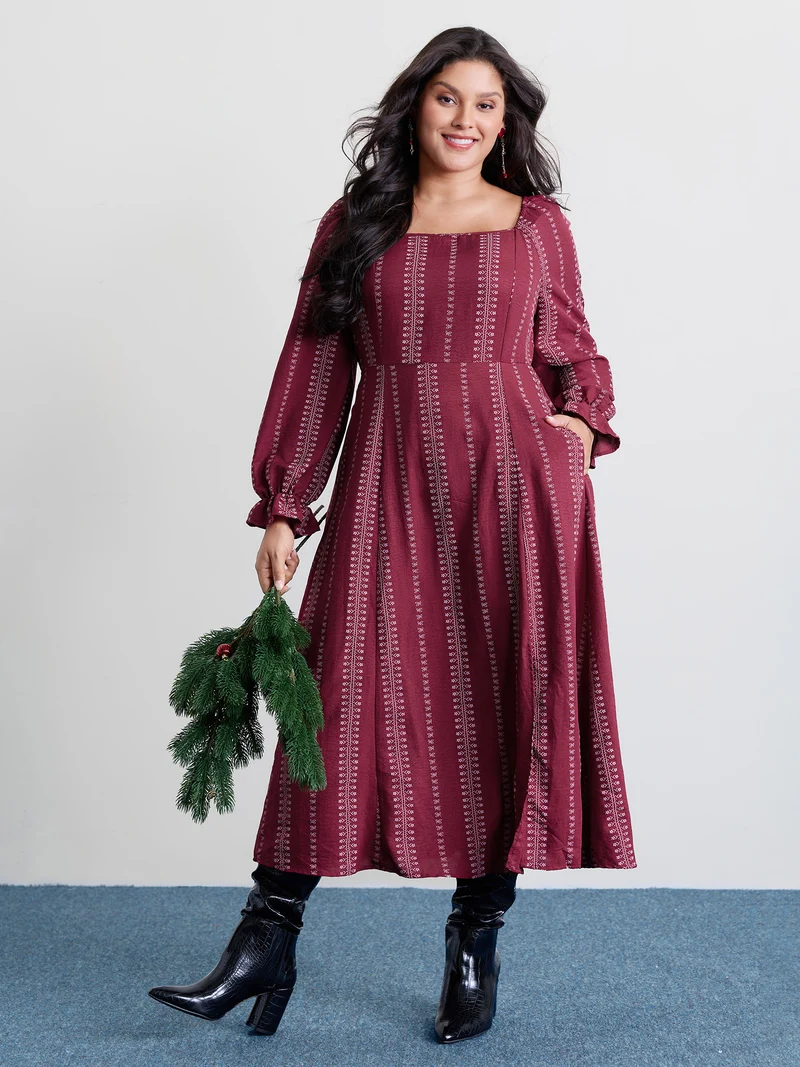 Textured Waist-Defining Square Neck Maxi Dress