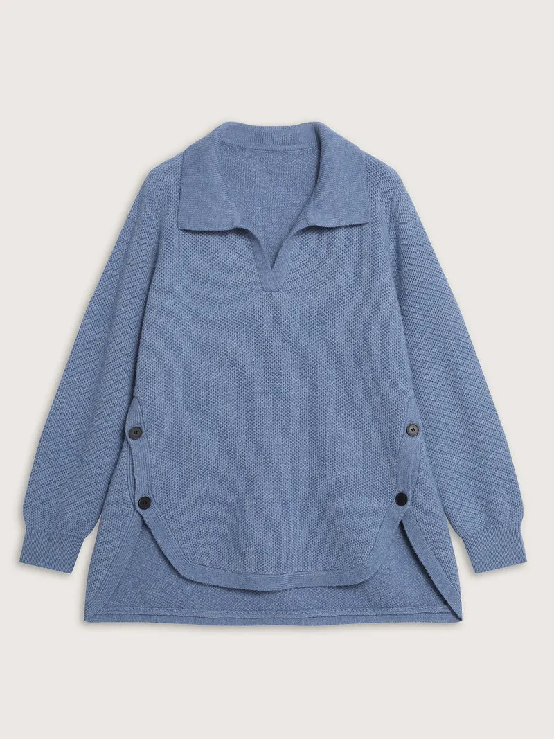 Polo Collar Side Buttons Curvy Pullover