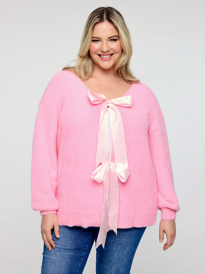 Fluffy Ribbon Bowtie Knit Cardigan