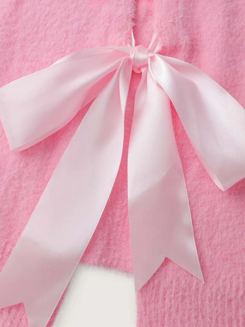 Fluffy Ribbon Bowtie Knit Cardigan
