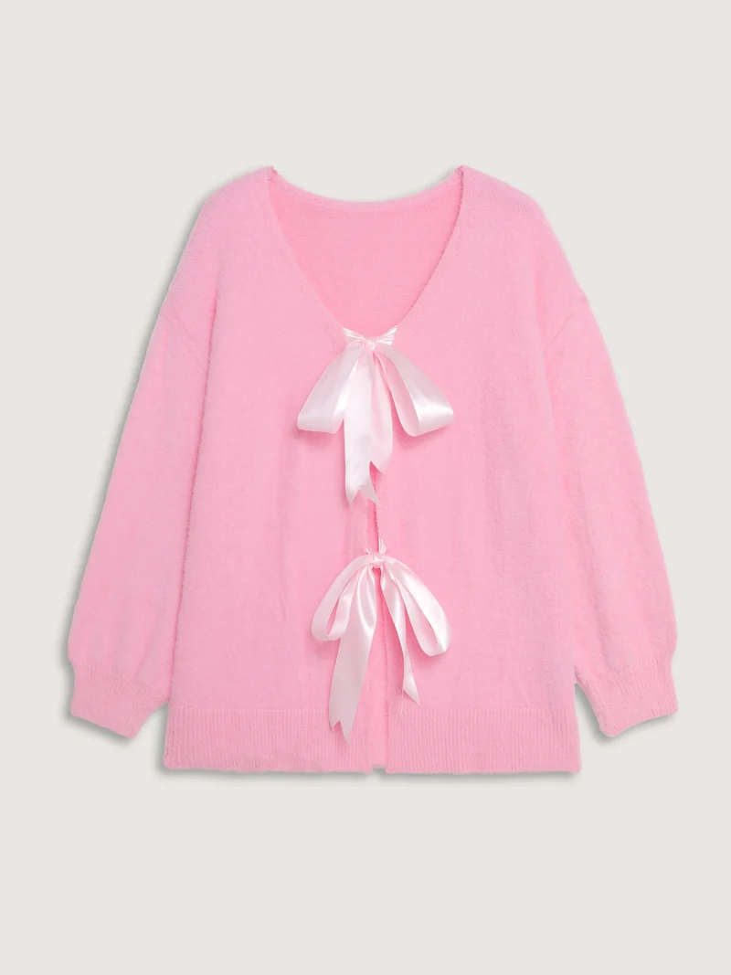 Fluffy Ribbon Bowtie Knit Cardigan