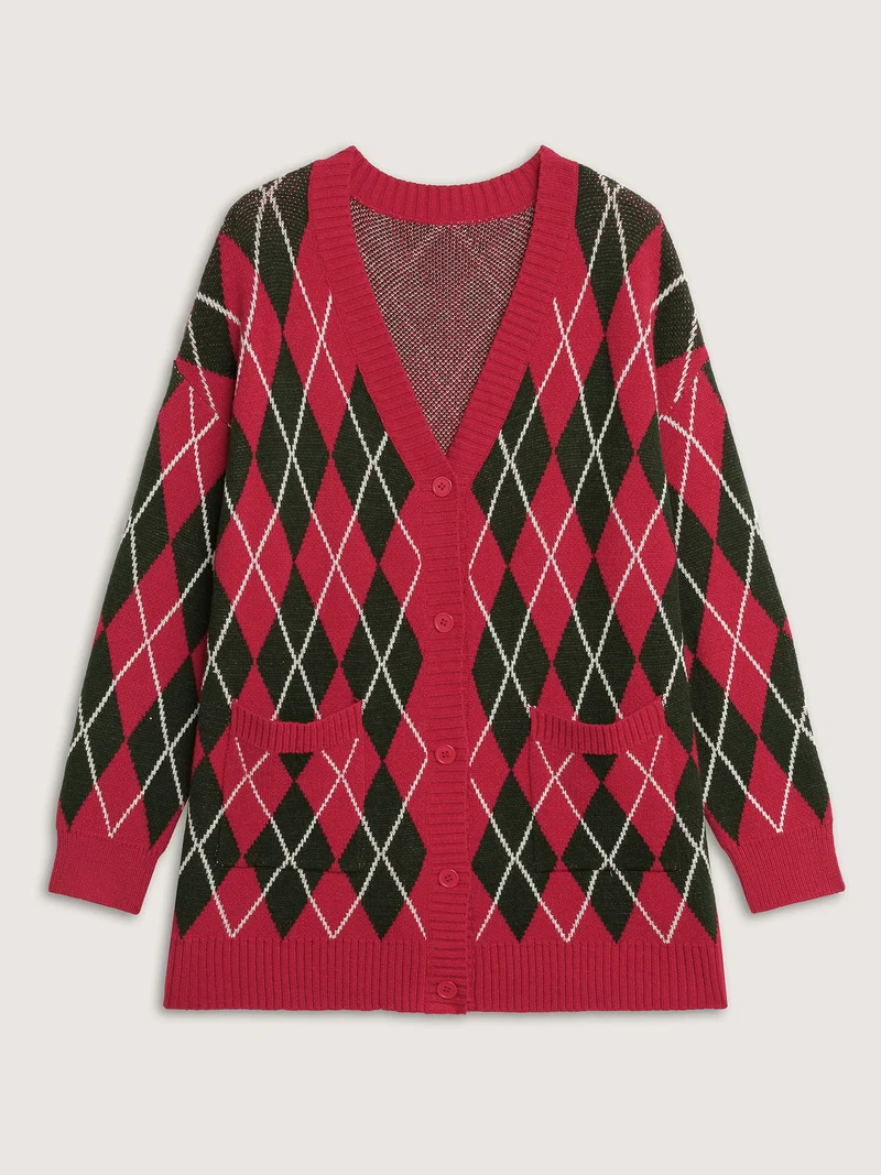 Holiday Checkered Jacquard Knit Cardigan