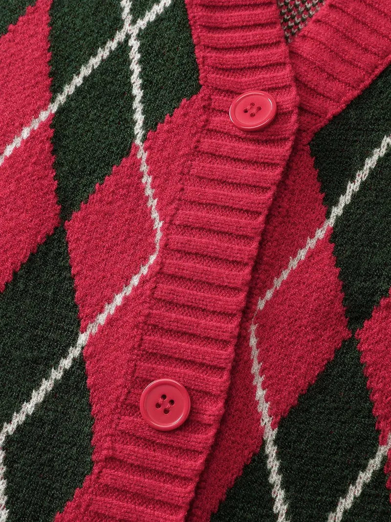 Holiday Checkered Jacquard Knit Cardigan