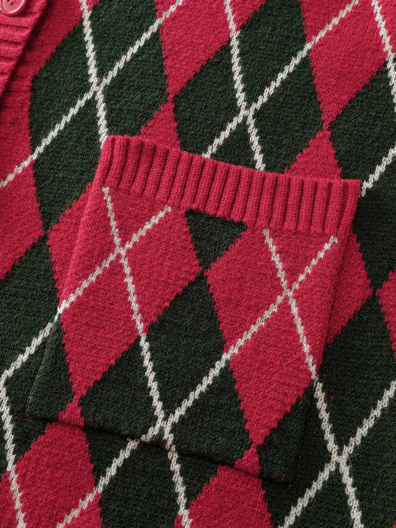 Holiday Checkered Jacquard Knit Cardigan