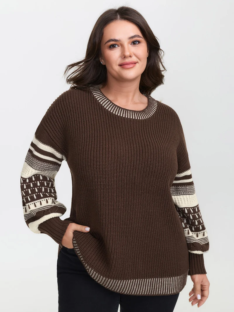 Geometric Stripe Sleeve Round Neck Pullover