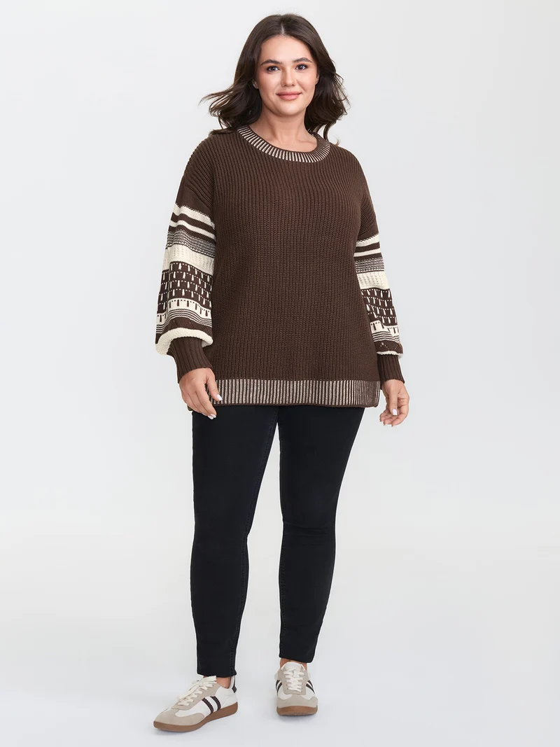 Geometric Stripe Sleeve Round Neck Pullover
