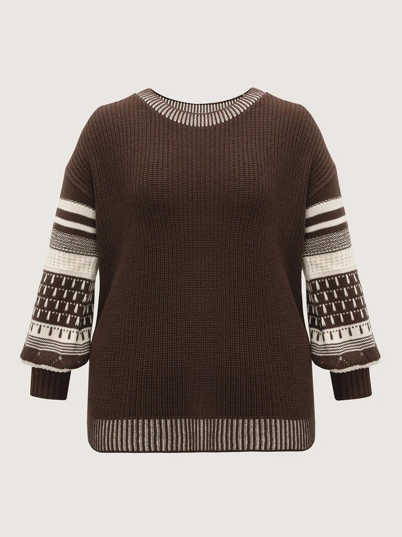 Geometric Stripe Sleeve Round Neck Pullover