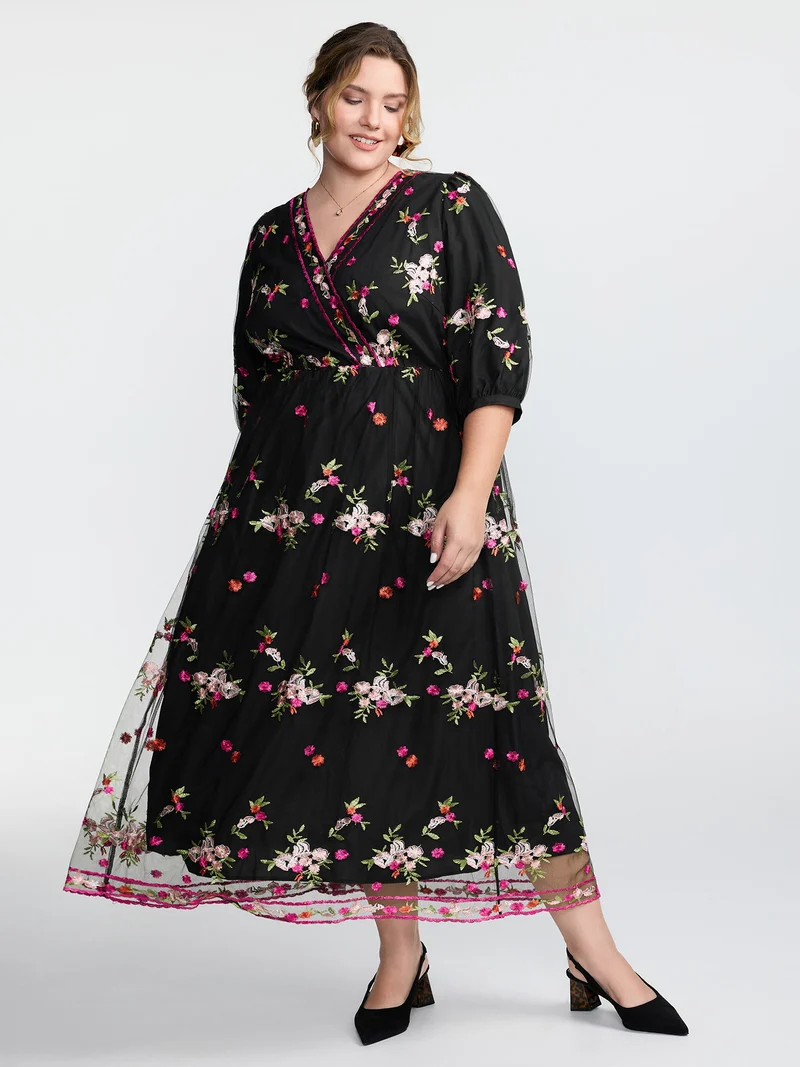 Floral Embroidered Mesh Lined Party Dress