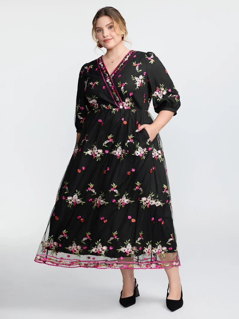 Floral Embroidered Mesh Lined Party Dress