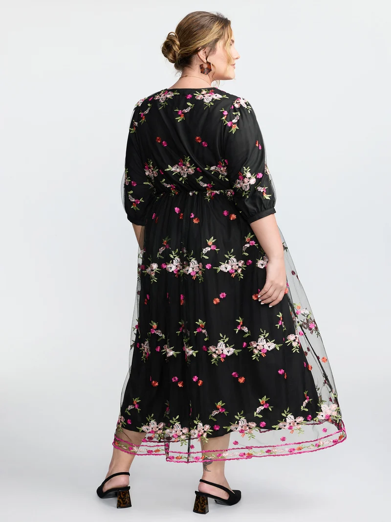 Floral Embroidered Mesh Lined Party Dress