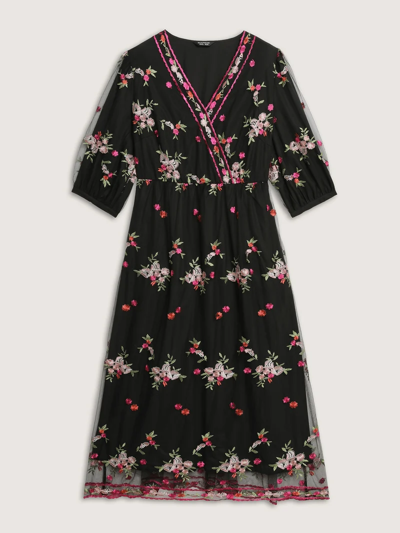 Floral Embroidered Mesh Lined Party Dress