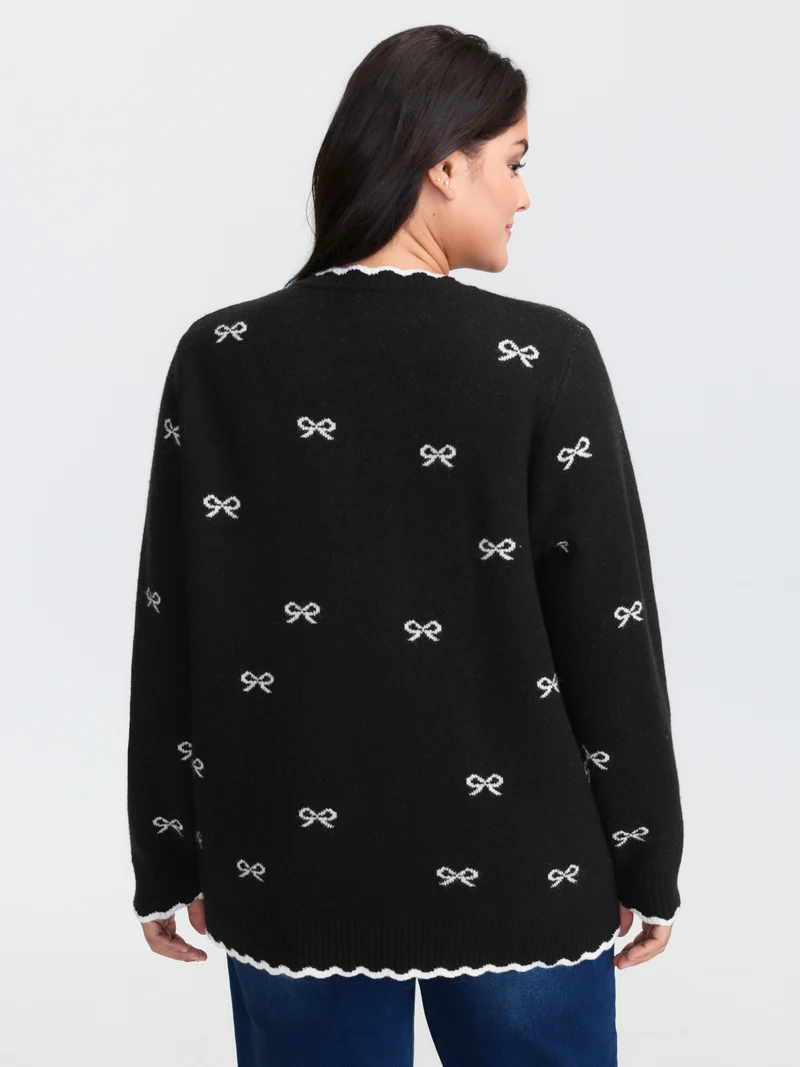Bowknot Jacquard Wavy Edge Knit Cardigan