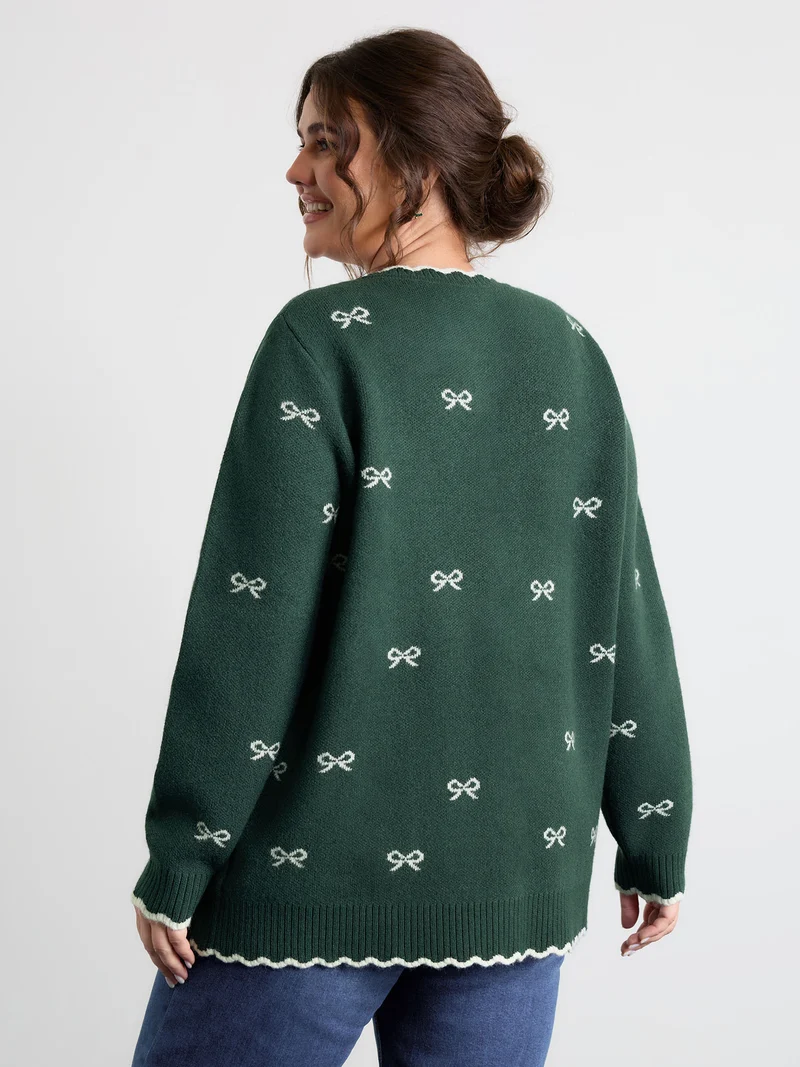 Bowknot Jacquard Wavy Edge Knit Cardigan