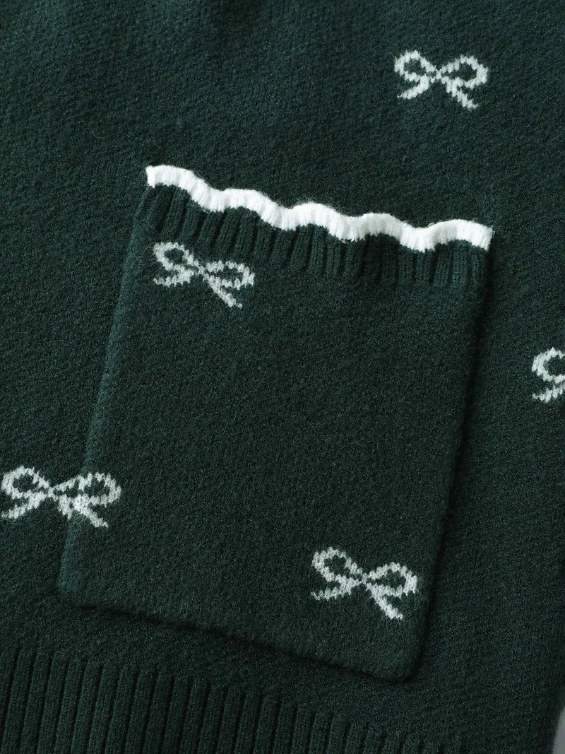 Bowknot Jacquard Wavy Edge Knit Cardigan