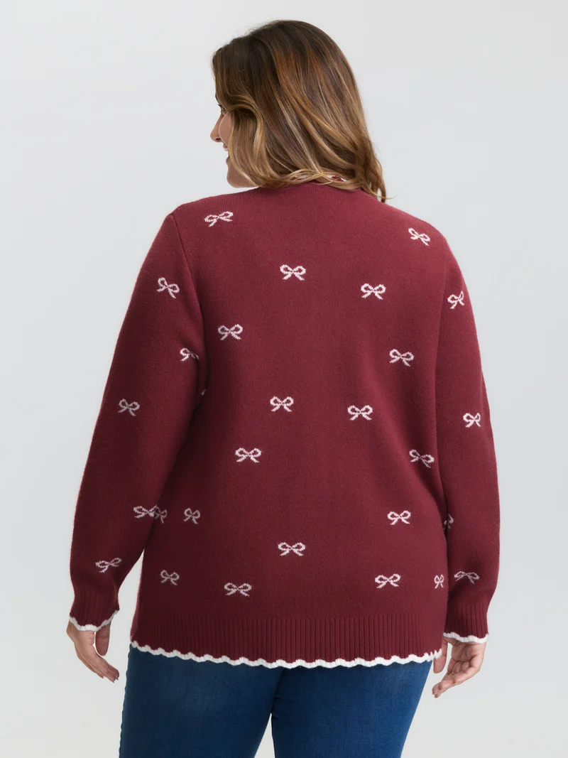 Bowknot Jacquard Wavy Edge Knit Cardigan